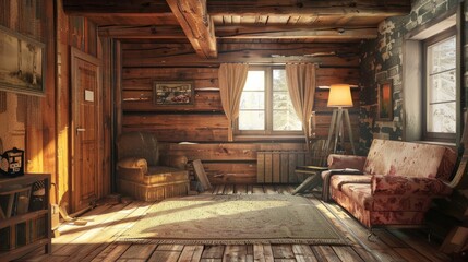 room with wooden walls and rustic decoration. generative ai