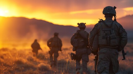 Soldiers advancing through a landscape at dusk