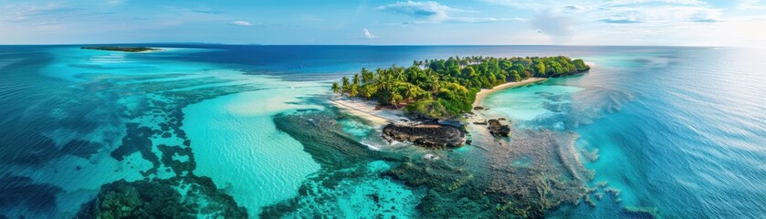 Obraz premium A beautiful blue ocean with a green island in the middle. The island is surrounded by water and has a rocky shoreline. The sky is clear and the sun is shining, creating a peaceful