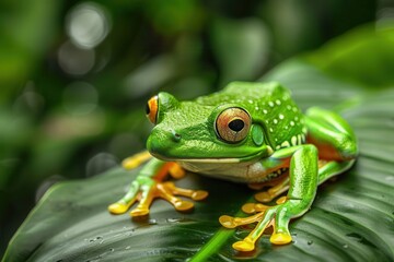 Obraz premium vibrant green flying frog perched on lush leaf in rainforest exotic amphibian wildlife closeup