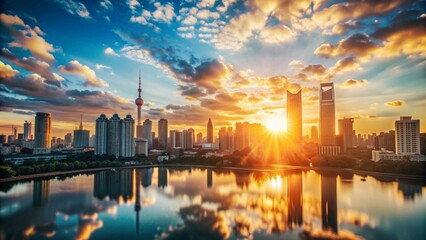 Naklejka premium Sun setting over Shanghai skyline, creating a stunning silhouette of buildings against the colorful sky,generative ai