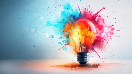 Creative explosion of colorful paint splashes around a light bulb, symbolizing innovation and inspiration. Vibrant concept art.
