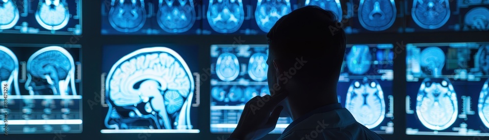 Poster a woman in a lab coat is looking at a computer monitor displaying a series of brain scans. concept o