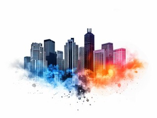 Fototapeta premium Colorful digital art of a modern city skyline with splashes of paint, blending urban architecture and vibrant creativity.