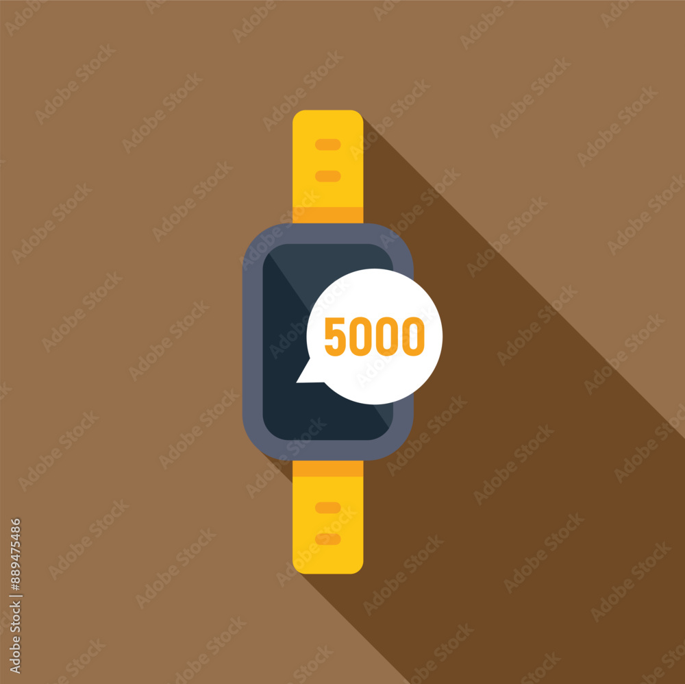 Poster smart watch showing 5000 steps on screen icon in flat style with long shadow on brown background