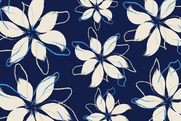 A Seamless hand drawing patterns. A blue and grey floral textile tropical bicolor flower with A flowers geometric textile for clothThe image features an artistic