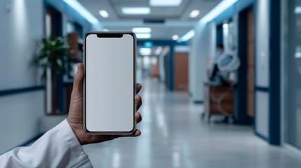 hand holding smartphone with blank screen blurred hospital