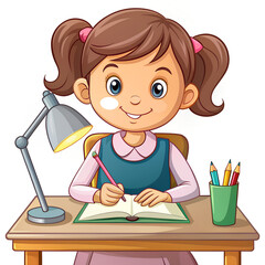 Cute little girl in ponytails sitting at the table and studying on a white background