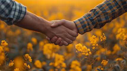 Handshake against the background of a rapeseed field, industry, business, agribusiness, harvesting	