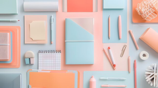 Artistic layout of stationery items on a clean desk with negative space
