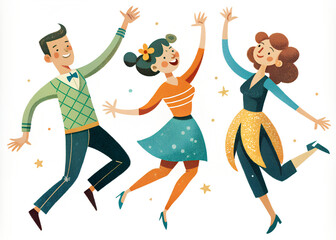Three people two women and a man dancing merrily on a white background