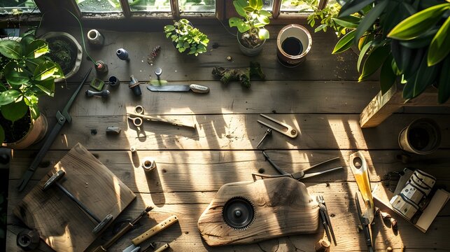 Natural wooden workspace with tools spread out and negative space
