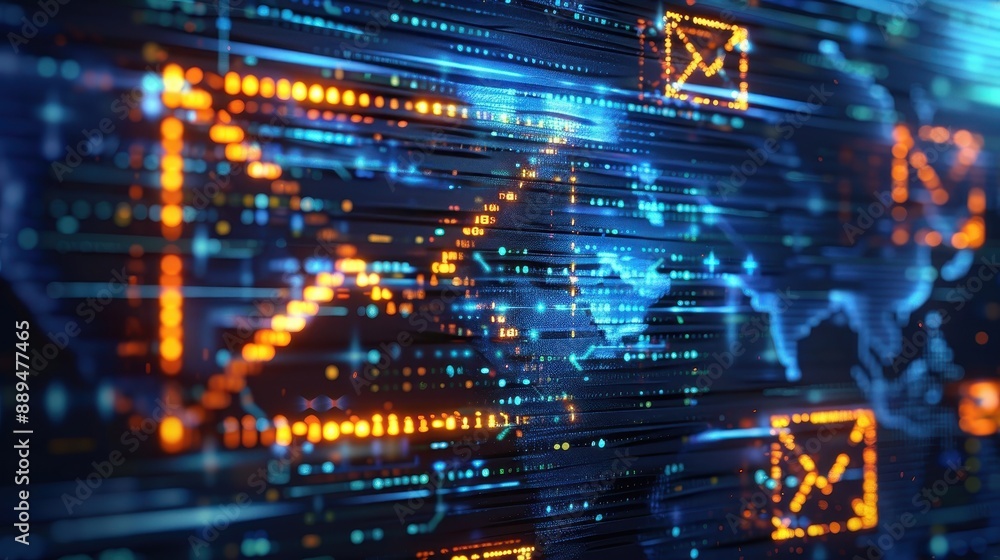 Poster a computer chip with a blue square in the middle. the blue square is surrounded by orange lines