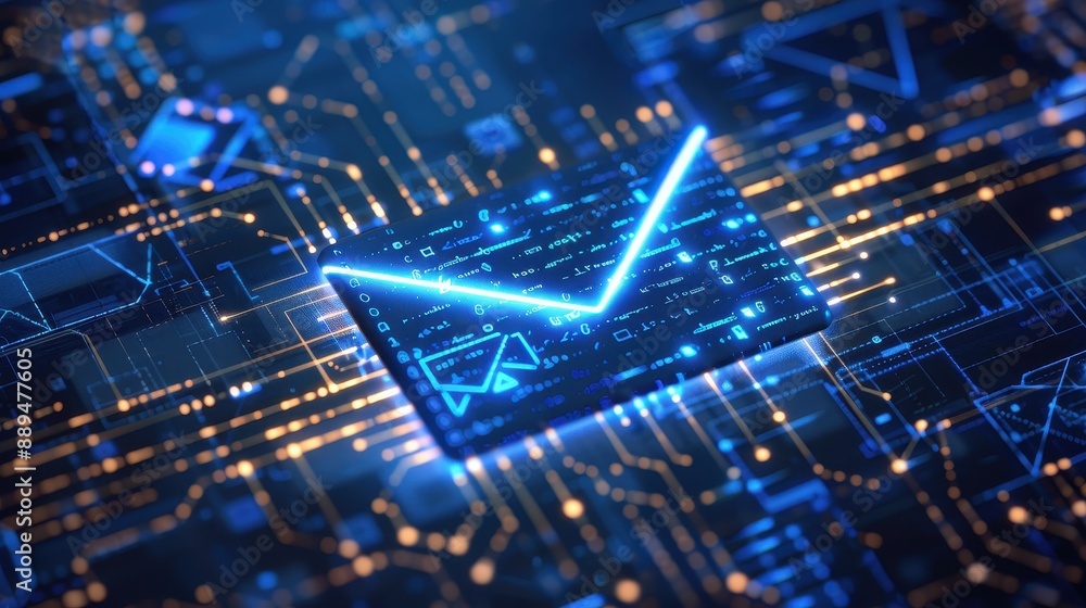 Poster a computer chip with a blue square in the middle. the blue square is surrounded by orange lines