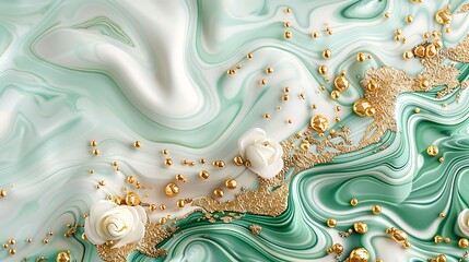 Ethereal Pastel Green And White Marble Swirls With Golden Accents