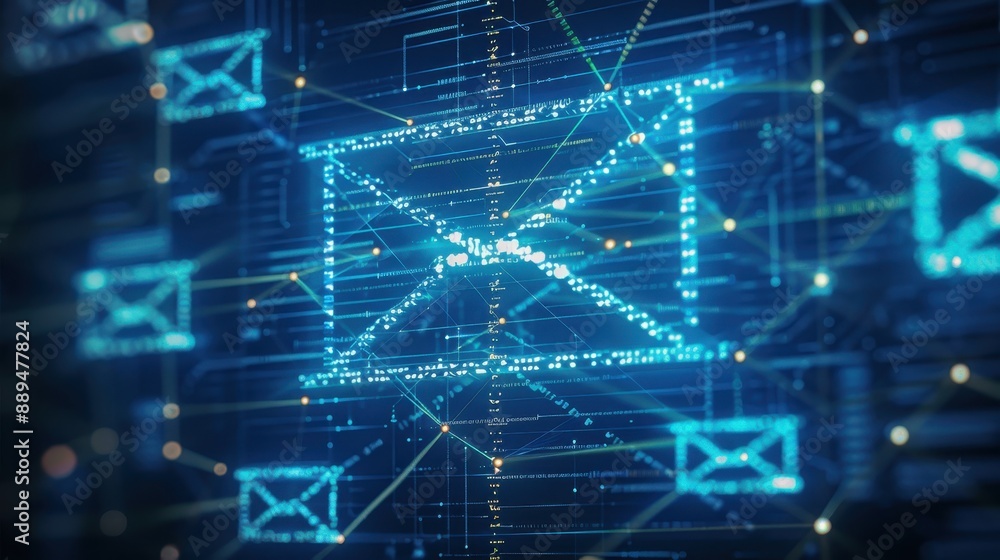 Poster a computer chip with a blue square in the middle. the blue square is surrounded by orange lines