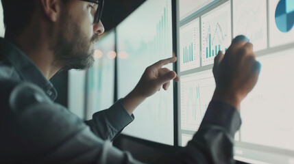 Consultant using visual aids like charts and graphs, informative and clear, left third copy space