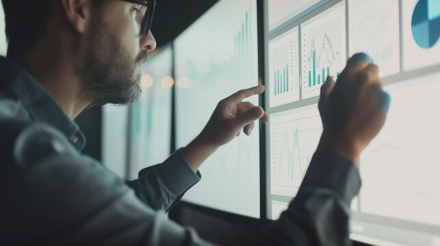 Consultant using visual aids like charts and graphs, informative and clear, left third copy space