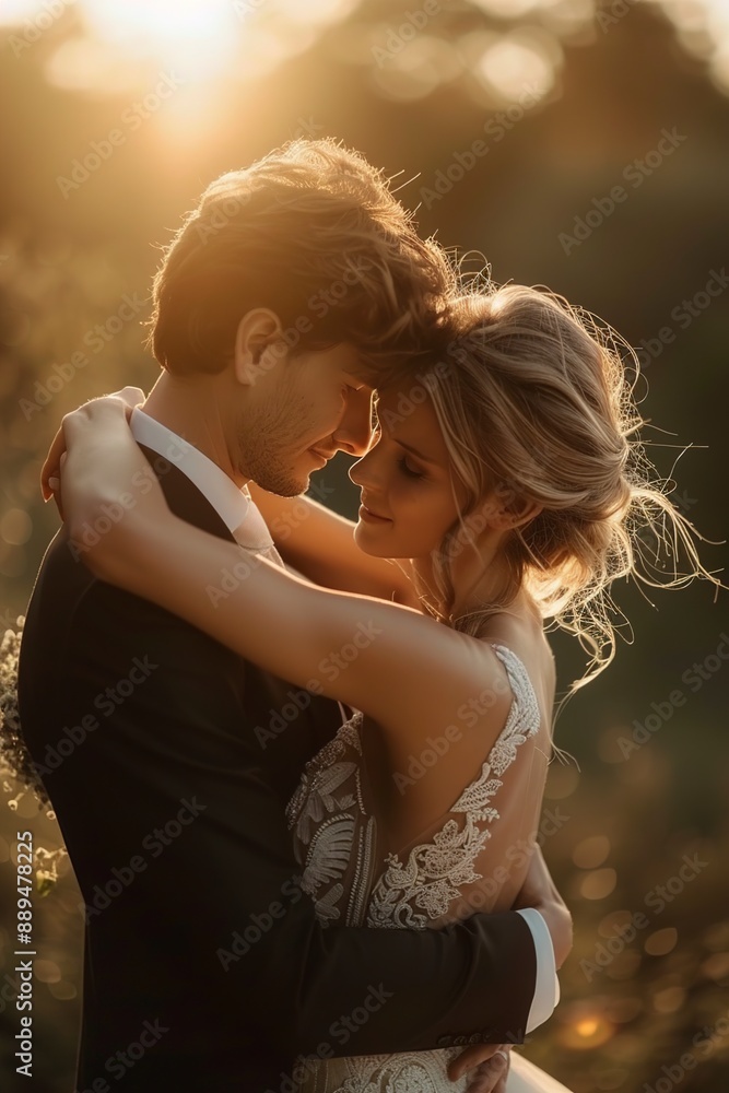 Poster A Newlywed couple embraces in the summer sunset