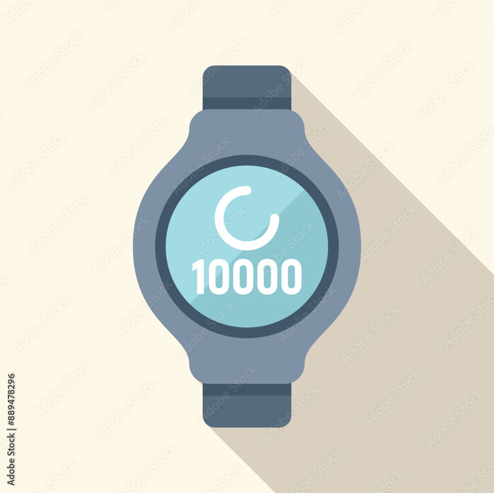 Poster smart watch showing 10000 steps on screen icon in flat style with long shadow