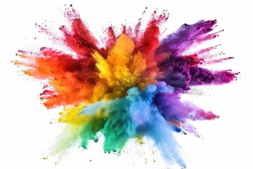 vibrant powder explosion framing product display dynamic colors swirling in midair against stark white background capturing moment of impact