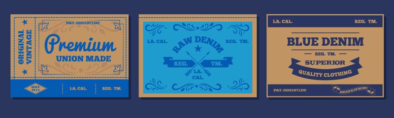 Set of vintage original blue jeans raw denim labels,genuine exclusive 
