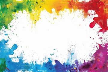 Fototapeta premium vibrant rainbow splatter framing a stark white canvas each hue blending seamlessly into the next creating a dynamic and eyecatching border effect with energetic paint splatters