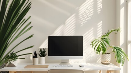 Minimalist office setup with computer and natural decor, emphasizing negative space