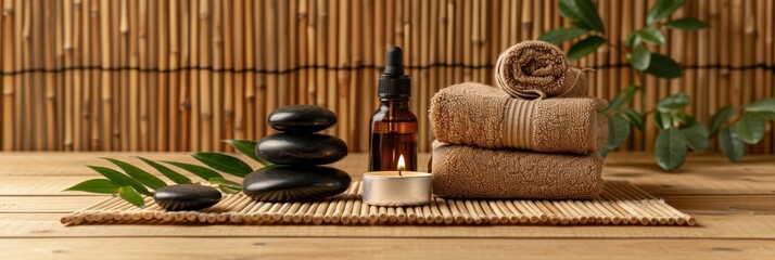 Relaxing Spa Essentials with Aromatherapy Oils and Hot Stones on Bamboo Mat