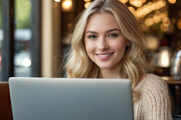 Portrait of beautiful smiling woman enjoying working on a laptop