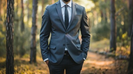 Man in forest wearing a dark suit and tie in natural light.