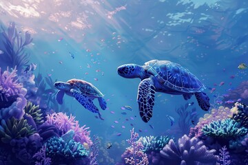Fototapeta premium vibrant underwater scene with coral reefs and sea turtles digital illustration