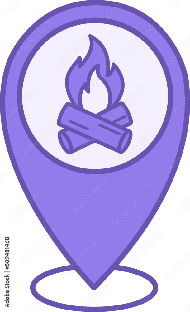 Poster colored location icon. vector icon. map pointer and bonfire. tourist sign. camping and travel concep