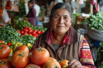 Fototapeta premium Picture of mature woman at marketplace buying vegetable