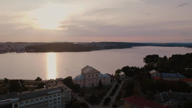 In Ternopil, Ukraine, a drone captures the beauty of the city with the Seret River shimmering under the sunlight