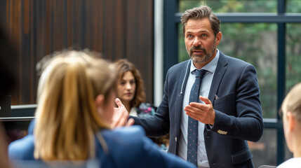 Consultant discussing leadership skills with the team, inspiring and educational, left third copy space