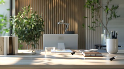 Fototapeta premium Tools and natural decor on a modern desk with abundant negative space
