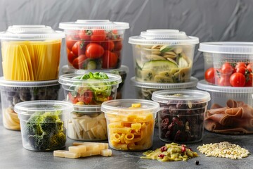 Plastic containers filled with food products