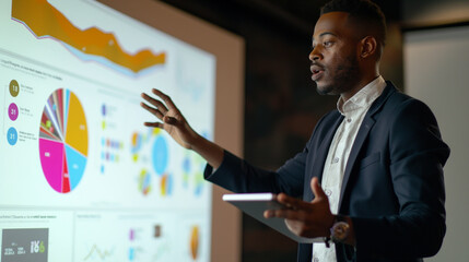 Consultant using a projector for visual presentations, clear and impactful, bottom third copy space