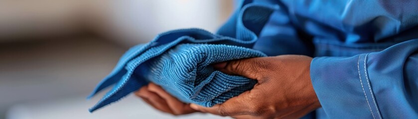 A woman is holding a blue towel and folding it. The woman is wearing an apron