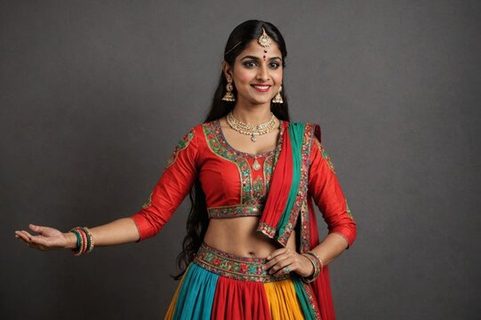 Indian gujarati woman wearing multicolor ghaghra - chaniya choli for playing garba in Navratri. traditional red outfit for dandiya.