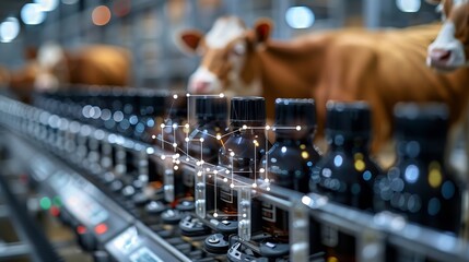 Fototapeta premium A modern and technologically advanced dairy farm featuring cows with ear tags being milked by an automated milking system.