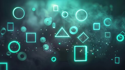 Abstract neon shapes floating amid a smoky background