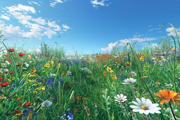 vibrant wildflowers blooming in lush green meadow under clear blue sky aigenerated spring landscape