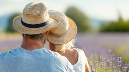 Fototapeta premium A couple wearing casual attire and straw hats is seen embracing each other while sitting in a blooming lavender field, representing love, tranquility, and romanticism.
