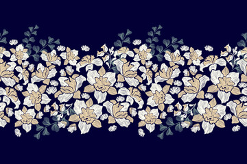 Vintage Floral pattern seamless embroidery ikat texture indigo blue background border white orchid flower motif traditional. Aztec style abstract vector illustration ethnic design for print template.