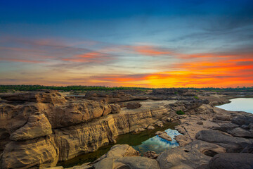 Ubon Ratchathani,Sunrise landscape photo with boat, mountain,Sam Phan Bok, Ubon Ratchathani, Thailand