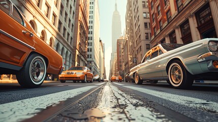 Obraz premium Vintage cars lined up on a city street with skyscrapers in the background, showcasing a nostalgic urban scene.