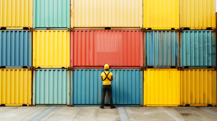 Fototapeta premium Worker in Yellow Hard Hat Facing Stacked Colorful Shipping Containers