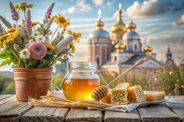 The concept of the Russian Orthodox holiday Honey Savior. A glass jar with honey, honeycombs and a bouquet of wildflowers on the background of an Orthodox church.